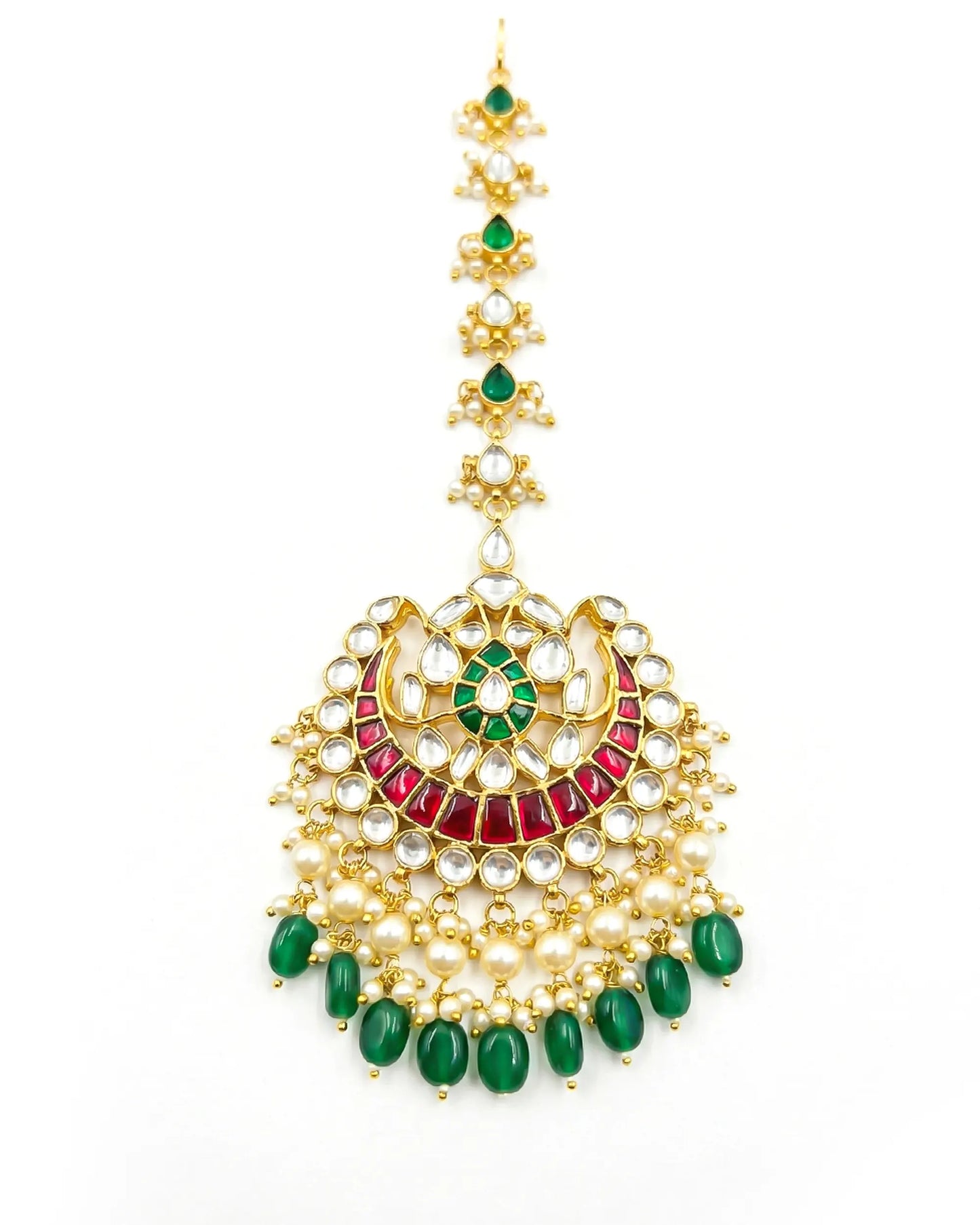 Indian Bridal Maang Tikka Headpiece, Kundan Pearl Forehead Jewelry, Green Bridal Headpiece for Wedding, South Asian Bride Jewelry