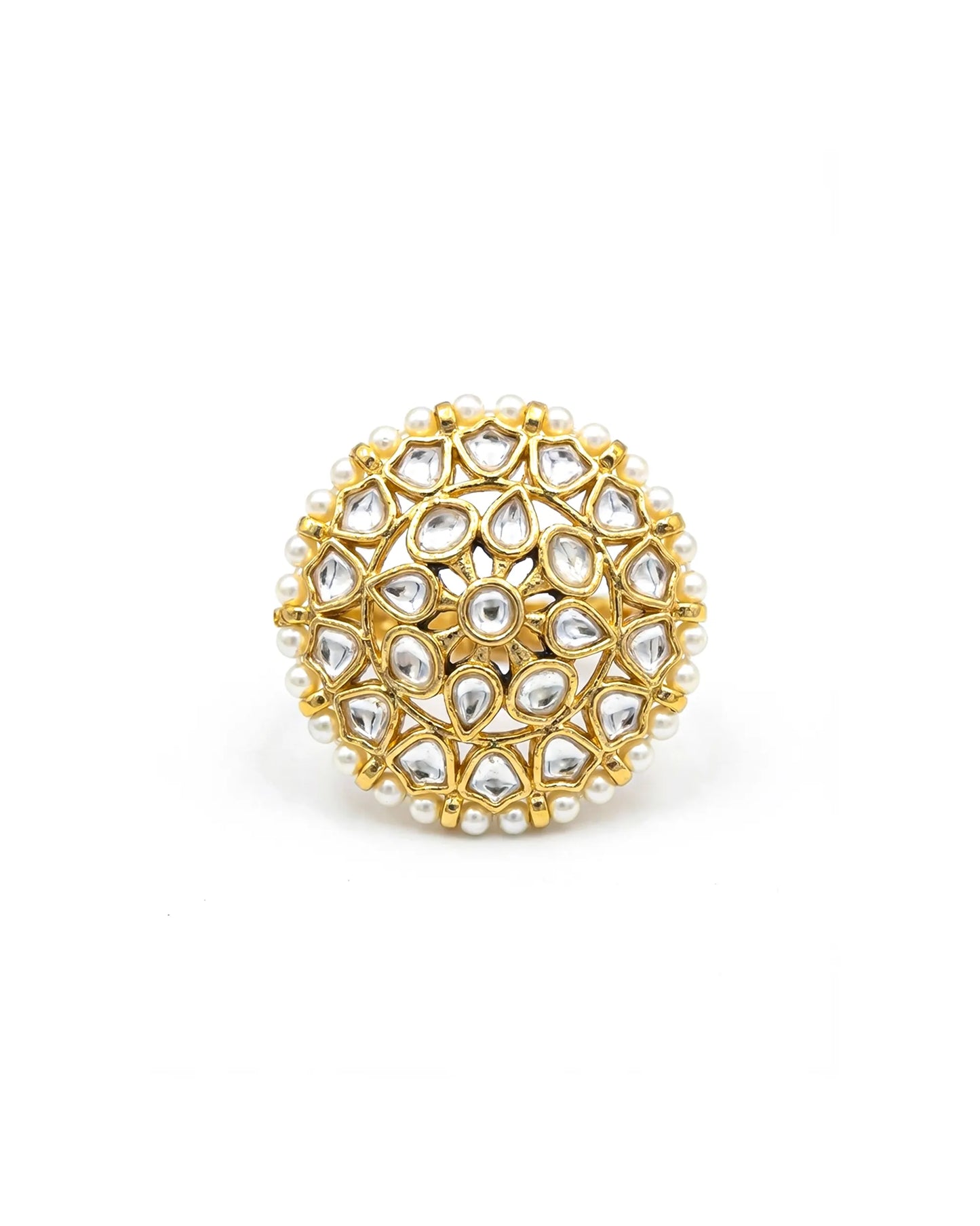 18k Gold Plated Kundan Statement Ring Pearl Floral Adjustable Cocktail Ring Jewelry