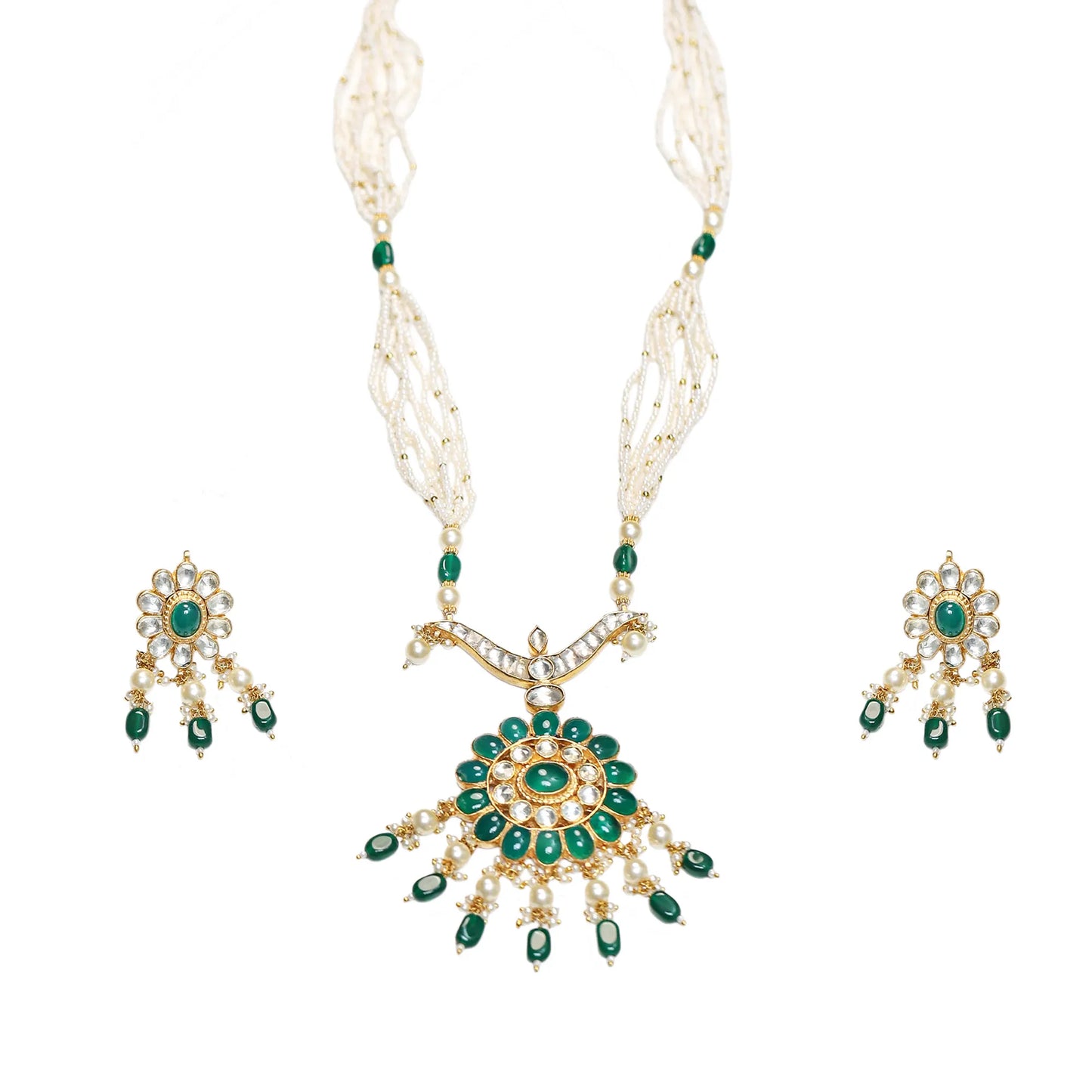 Green Kundan Pendant Necklace Set with Earrings, Polki Bridal Jewelry, Stone Jewelry, Ethnic Wedding Pendant Set
