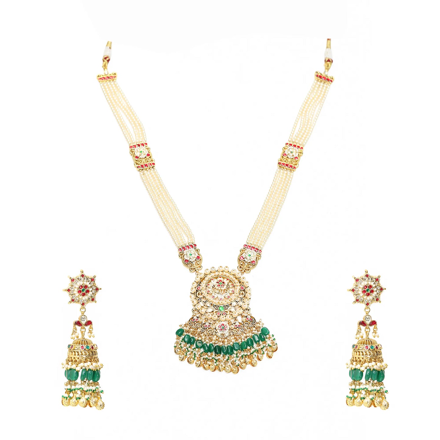 Gold Plated Kundan Pendant Set with Pearl Drop Earrings & Maang Tikka, Indian Wedding Jewelry Set