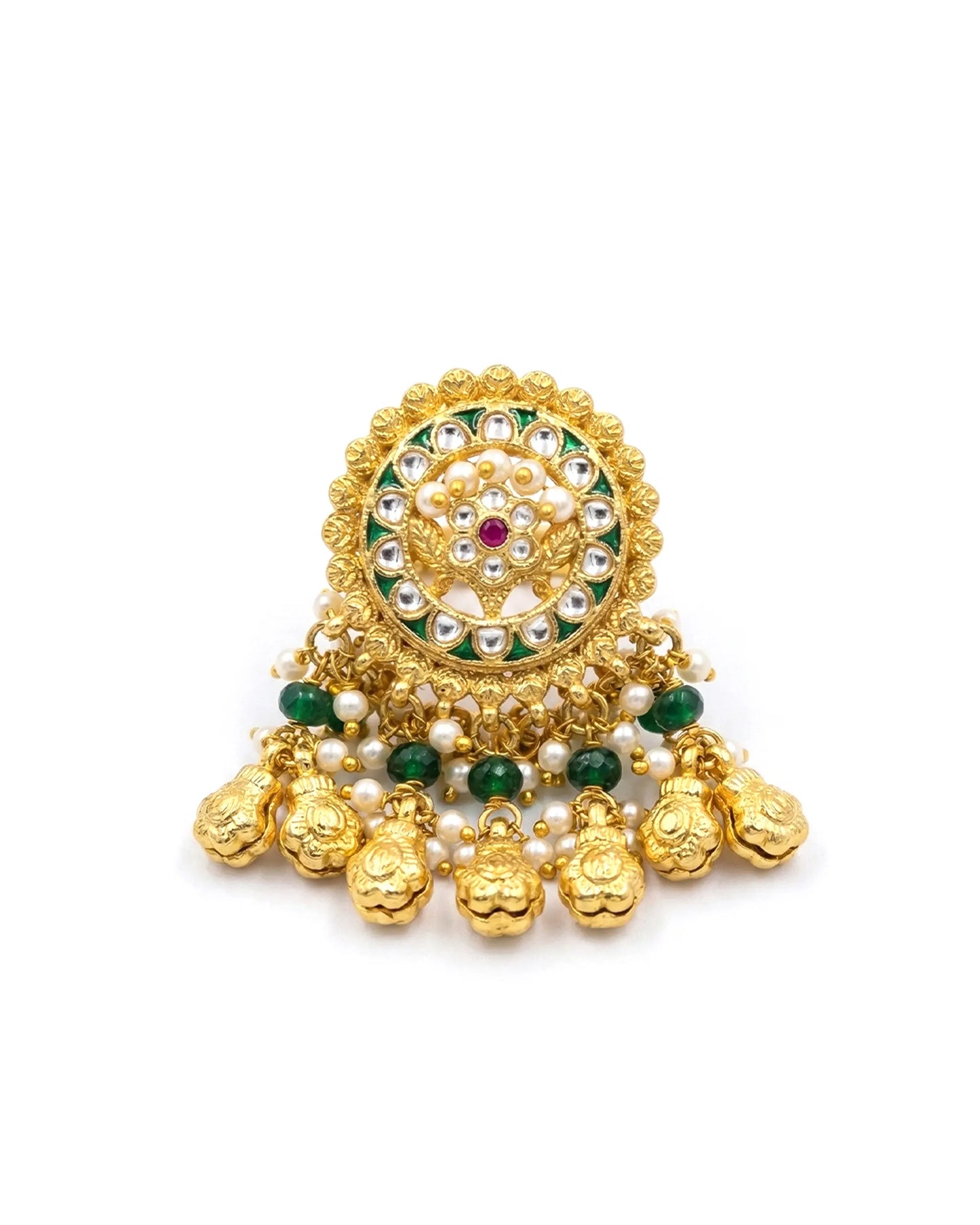 18k Gold Plated Kundan Statement Ring Green Pearl Bridal Adjustable Ring Jewelry