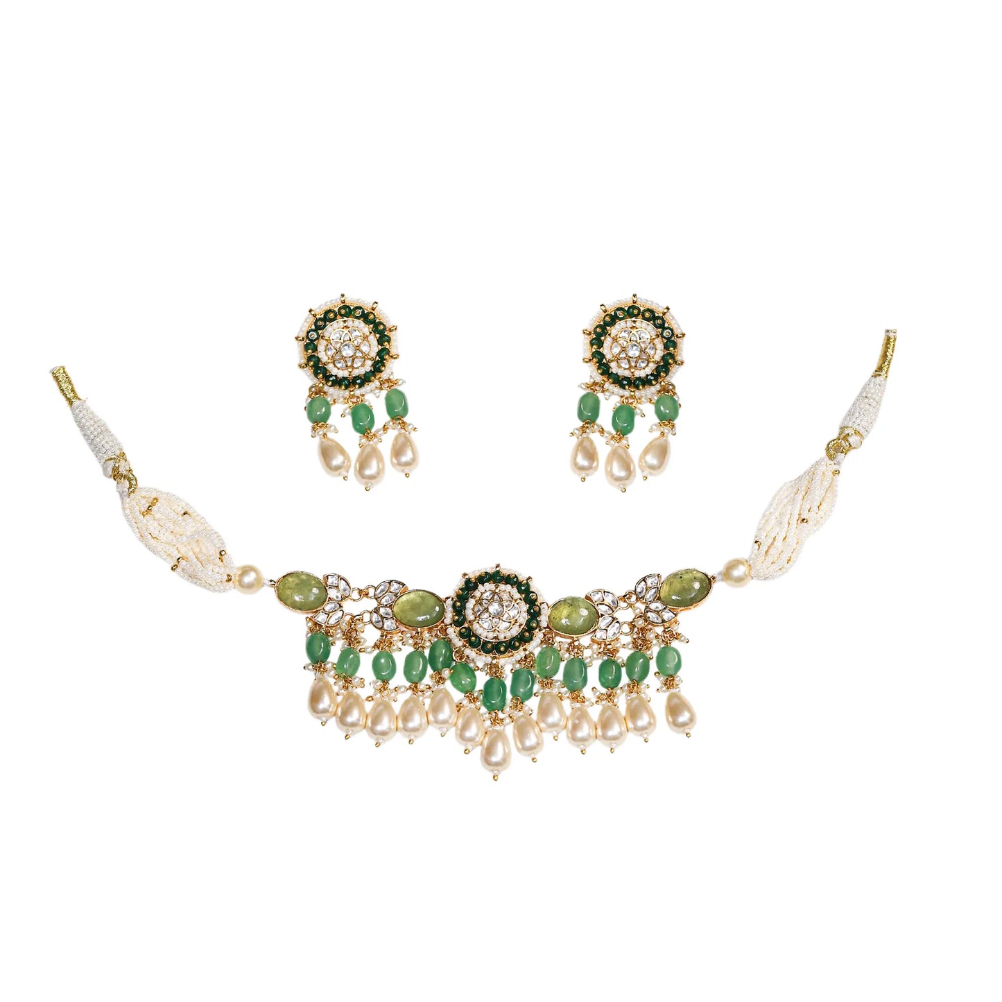Green Pearl Choker Necklace Set, Polki Kundan Bridal Jewelry, Gold Ethnic Wedding Necklace, Handmade Indian Jewelry Set