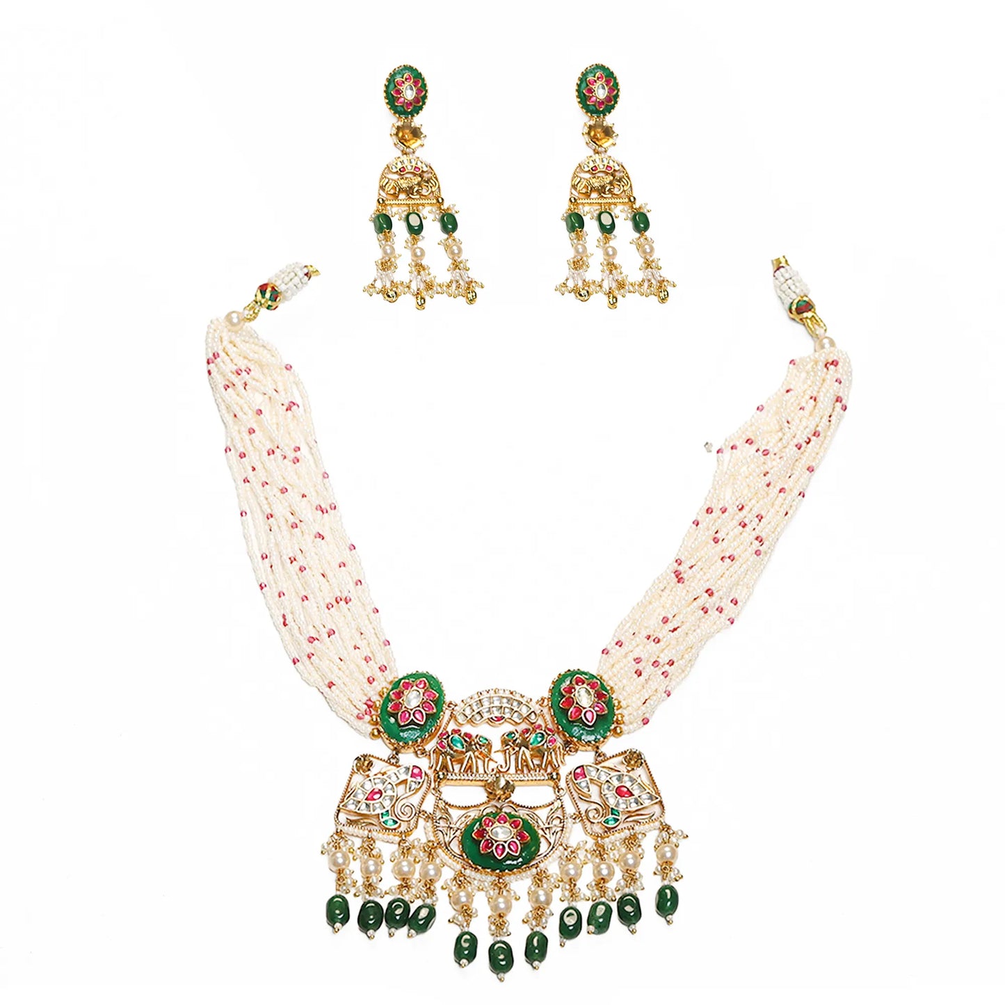 Multi Strand Pearl Choker Necklace Set with Green Kundan Pendant, Indian Bridal Jewelry, Wedding Necklace, Gold Choker with Earrings
