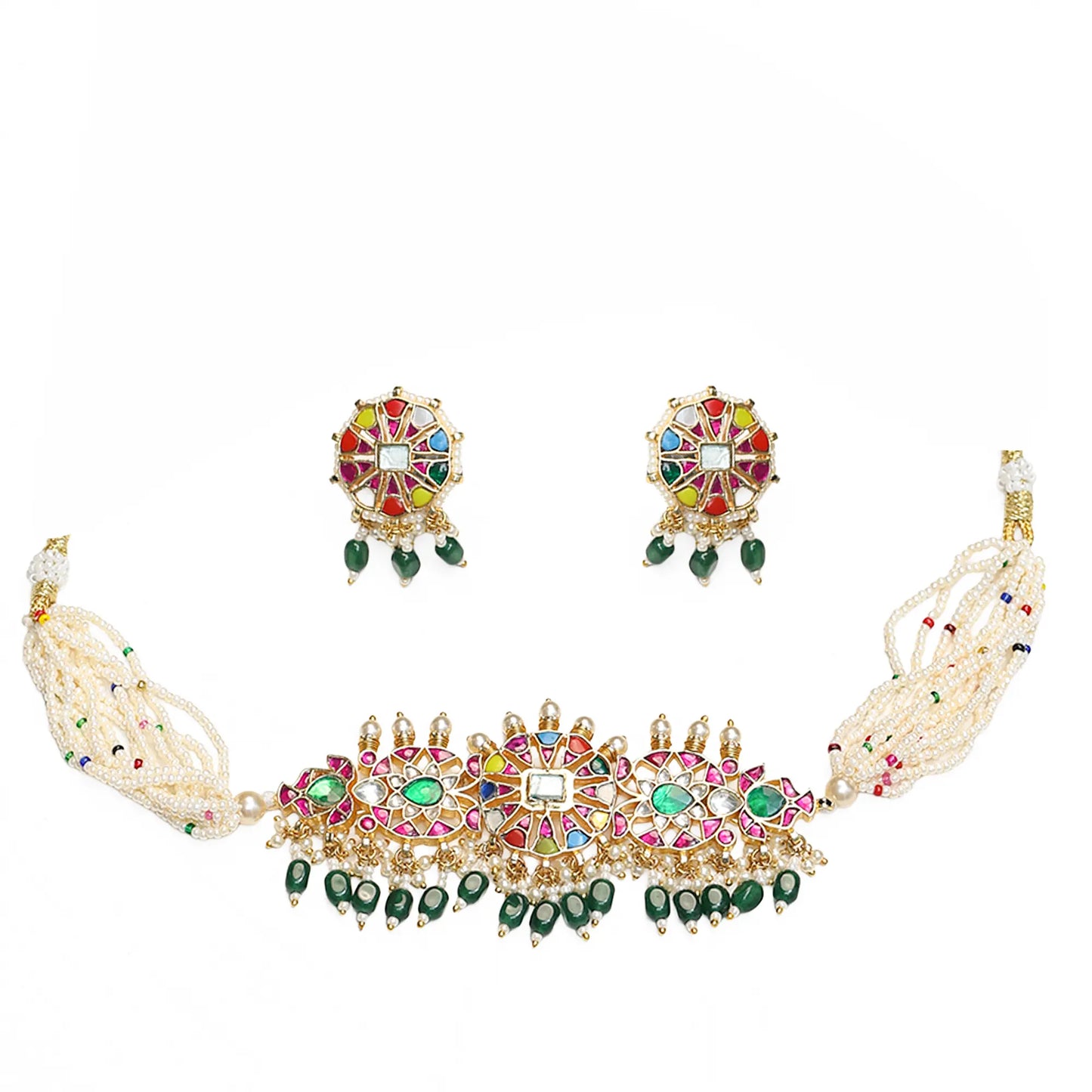 Pearl Polki Beaded Choker Necklace Set, Gold Plated Jewelry, Statement Choker with Earrings, Gift for her