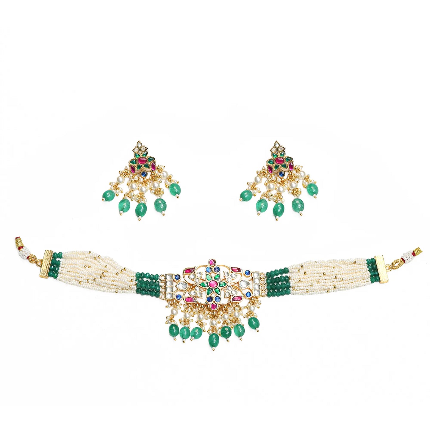 Gold Plated Kundan Choker Set, Green Bead Bridal Necklace, Handmade Indian Wedding Jewelry