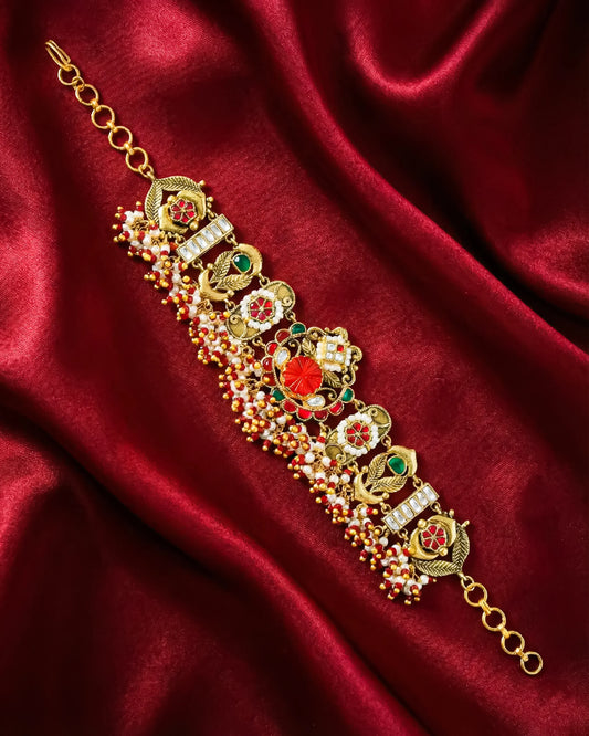 Handcrafted Gold Plated Kundan Bracelet, Red Green Meenakari Bridal Jewelry