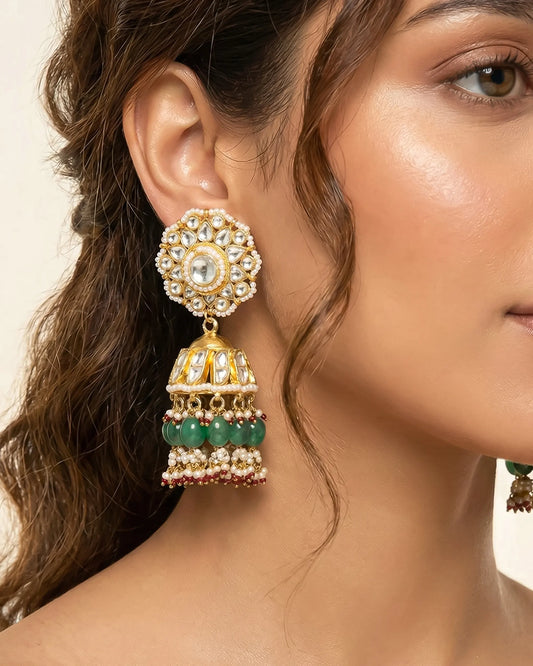 18K Gold Plated Jadau Jhumka Earrings – Polki Stone, Green Beads