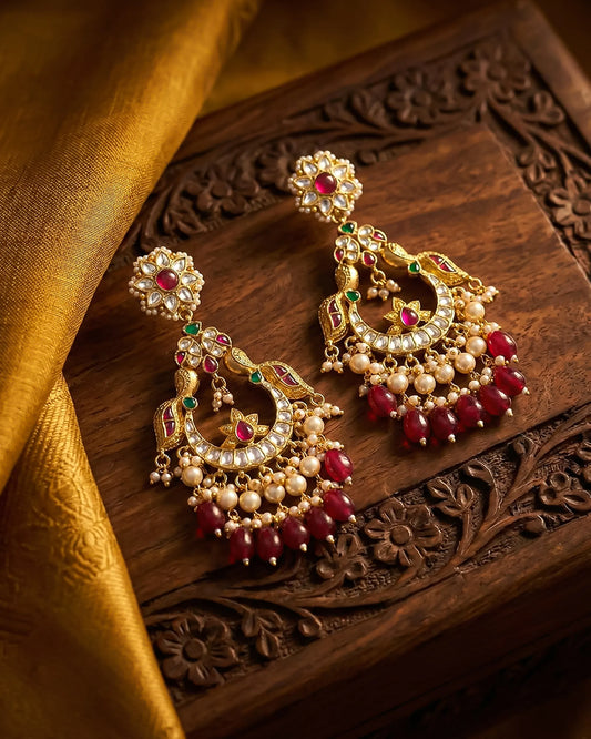 Traditional Jadau Peacock Chandbali Earrings, 18K Gold Plated Ethnic Pearls Beads