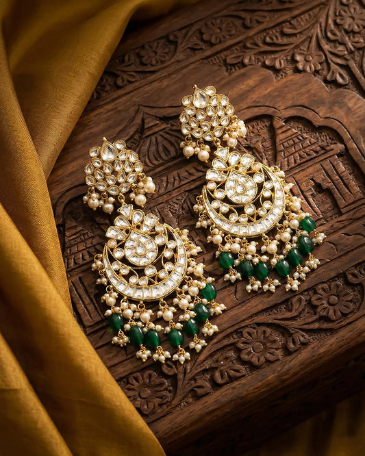 Jadau Chandbali Earrings for Women, 18K Gold Plated Indian Green Beads & Pearls