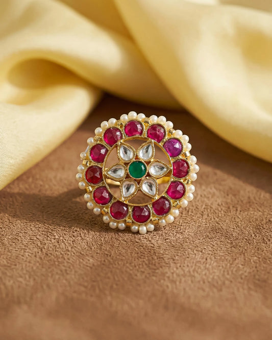 Multicolor Kundan Statement Ring 18k Gold Plated Pink Green Pearl Adjustable Jewelry