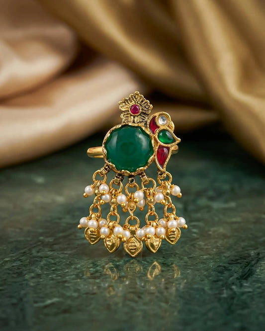 Green Kundan Jhumki Ring with Pearls, 18k Gold Plated Adjustable Statement Ring