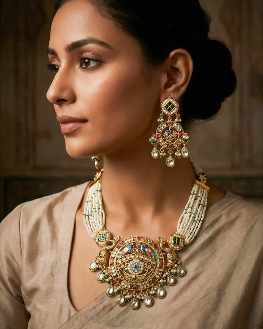 Peacock Kundan Pearl Necklace Set, Indian Bridal Gold Wedding Jewelry