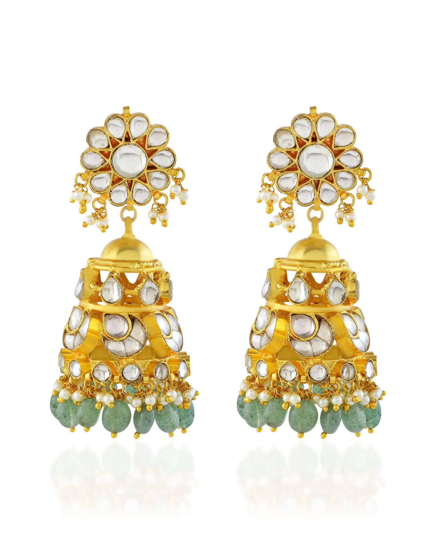 Gold Plated Kundan Jhumka Earrings with Green Beads