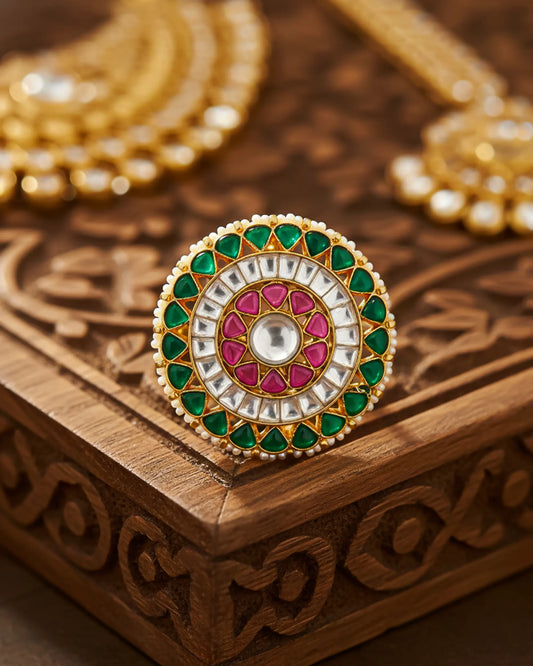 Kundan Adjustable Ring, Pearl Gold Plated Bridal Ethnic Wedding Jewelry, Festive Gift