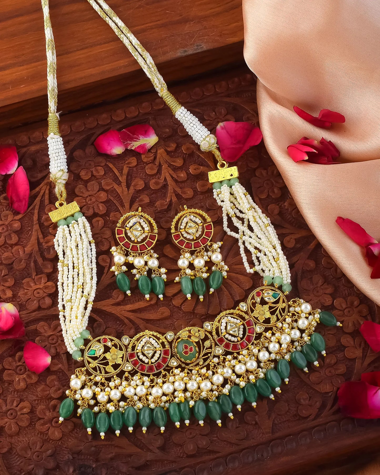 Kundan Pearl Choker Necklace Set with Green Beads – Traditional Indian Bridal Wedding Jewelry