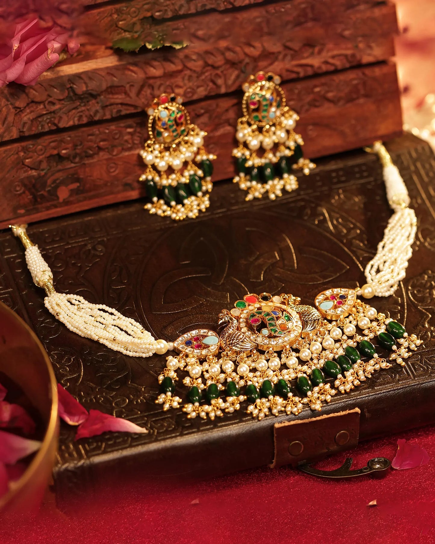 Green Bead Kundan Choker Set, Gold-Plated Indian Bridal Wedding Necklace, Traditional Jewelry