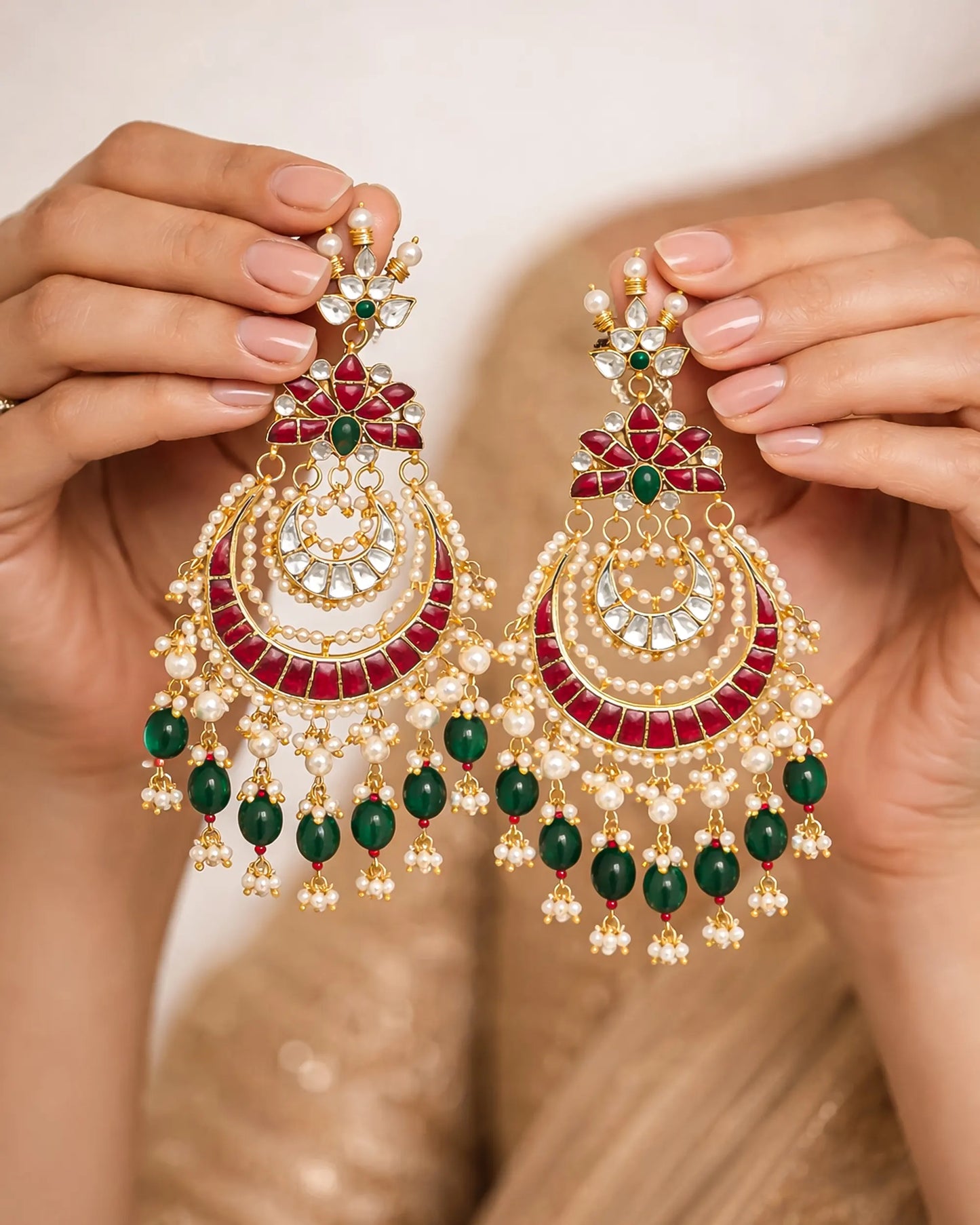 Gold Plated Jadau Chandbali Earrings with Pearl and Stone Drops