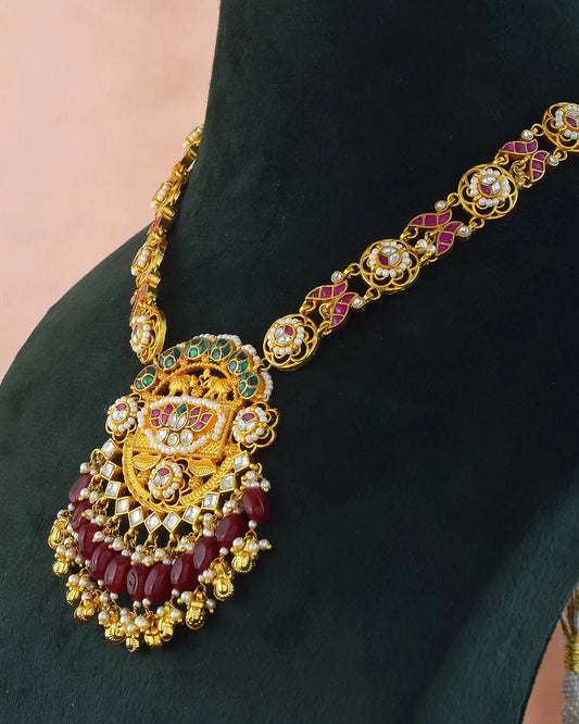 Kundan Lotus Necklace Set with Pearl Beads, 18K Gold-Plated Indian Jewelry