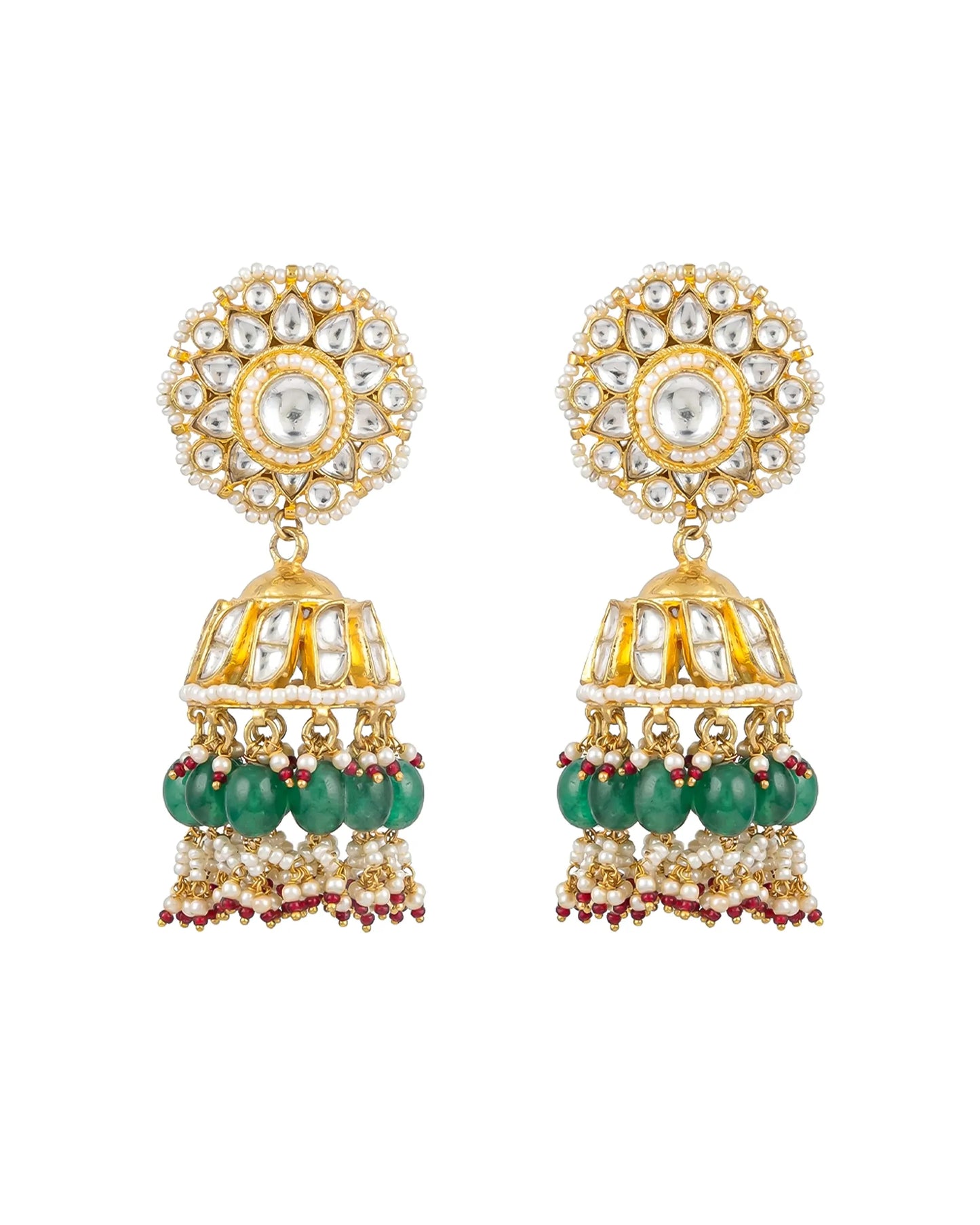 18K Gold Plated Jadau Jhumka Earrings – Polki Stone, Green Beads