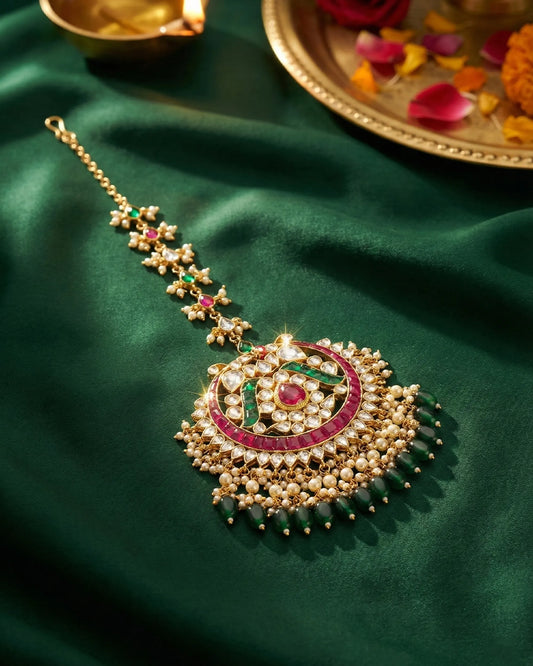 Bridal Kundan Maang Tikka, Pearl Forehead Jewelry, Indian Wedding Traditional Headpiece