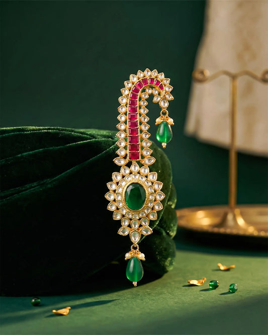 Handmade Gold Plated Rajwadi Groom Kalingi, Multi-Gemstone Indian Wedding Safta Ornament