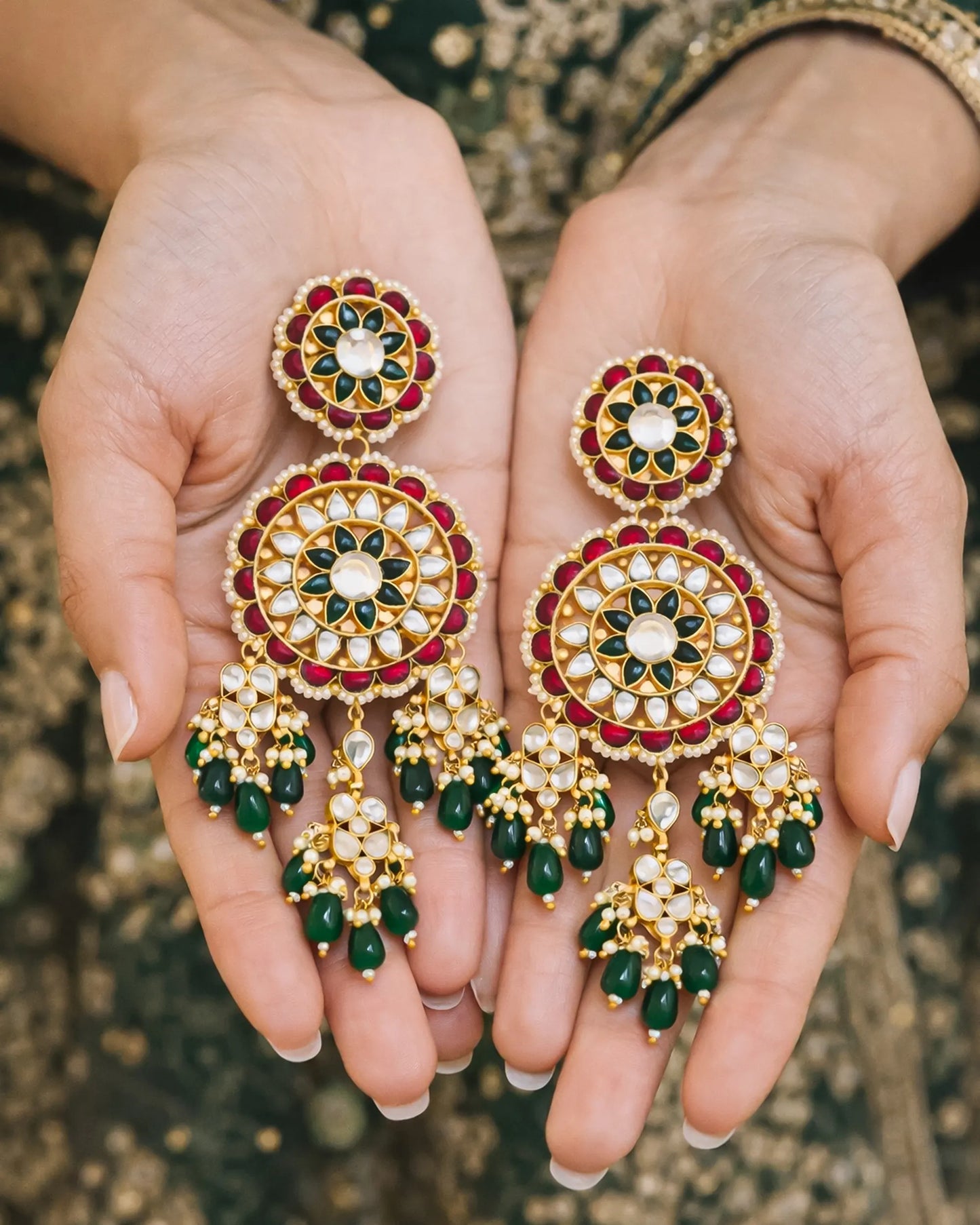 Long Gold-Plated Polki Jadau Earrings, Green Bead Drops Floral Jewelry