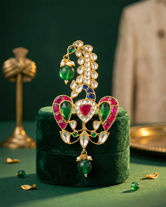 Peacock Rajwadi Kalingi, Gold-Plated Groom Safa, Kundan Polki Jewelry