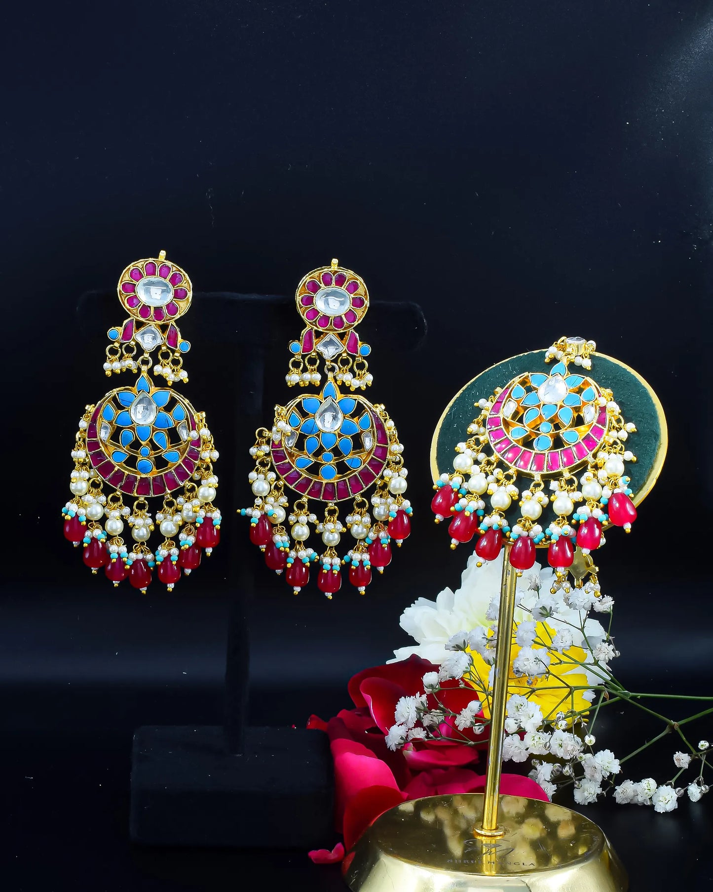Gold-Plated Kundan Chandbali Earrings with Maang Tikka, Pearl Drop Indian Jewelry