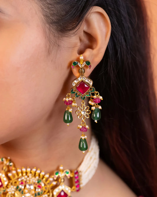 Handicraft Kundan Pearl Choker Set Jewelry, Green & Pink Bead Necklace Earrings