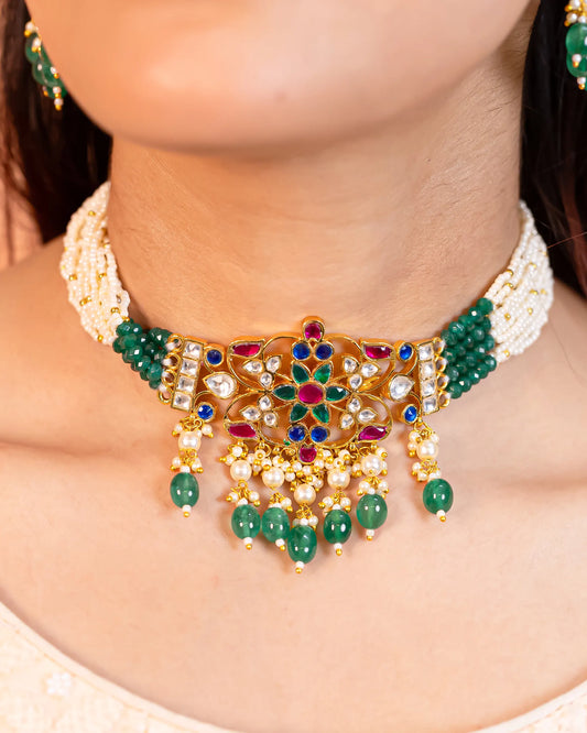 Green Kundan Choker Necklace Set – 18K Gold Plated Bridal Jewelry