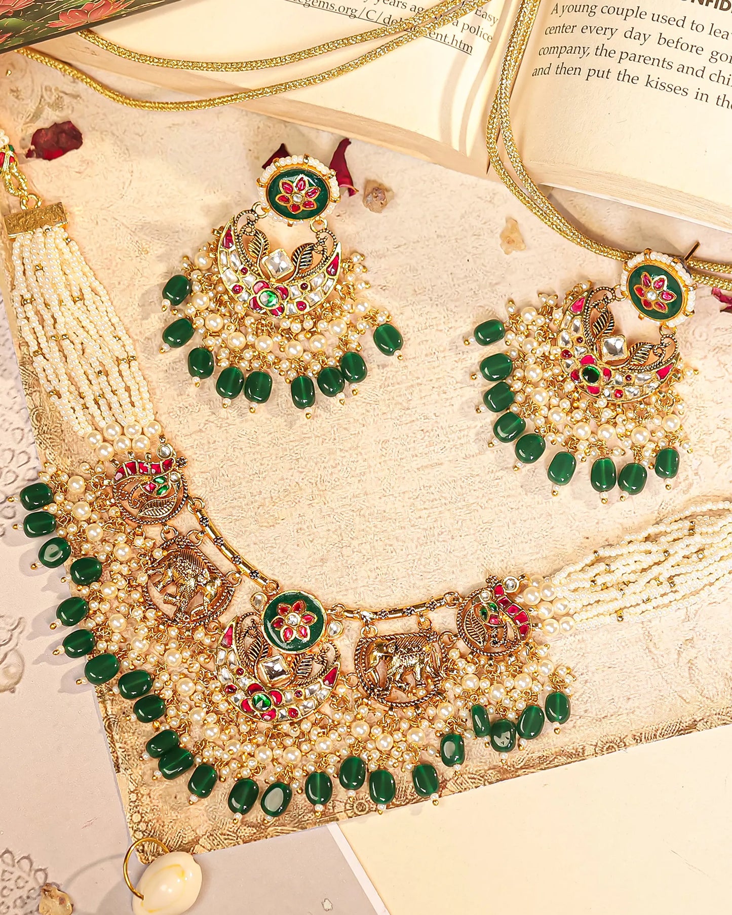 Kundan Pearl Choker Set, Multicolor Stone Necklace & Earrings, Indian Bridal Wedding Jewelry