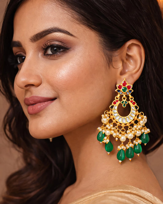Handmade Jadau Chandbali Earrings, 18K Gold Plated Polki Green Beads Jewelry