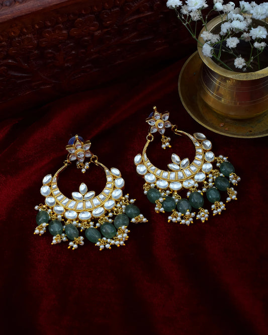 Bridal Jadau Chandbali Earrings, Polki Pearls & Green Beads, Gemstone Fringe Earring Jewelry