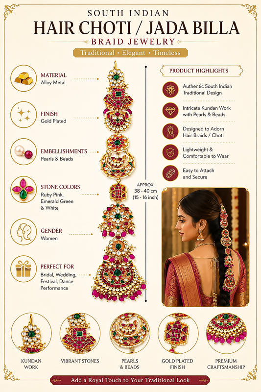 South Indian Bridal Hair Choti Jewelry Temple Kundan Accessory