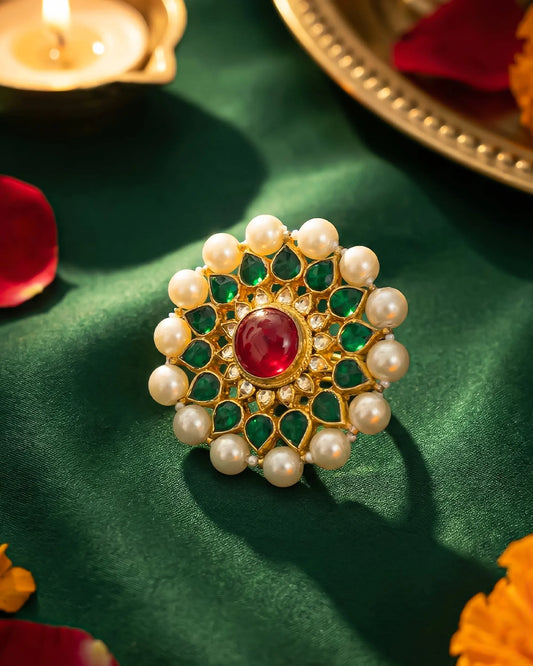 Handcrafted Kundan Ring, Pearl Gold-Plated, Indian Bridal Adjustable Jewelry
