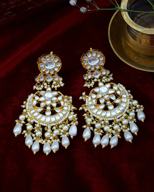 Kundan Pearl Chandbali Earrings, 18K Gold Plated Jewelry