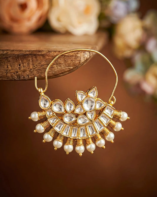 Kundan Pearl Bridal Nath – 18k Gold Plated Floral Wedding Nose Ring Jewelry