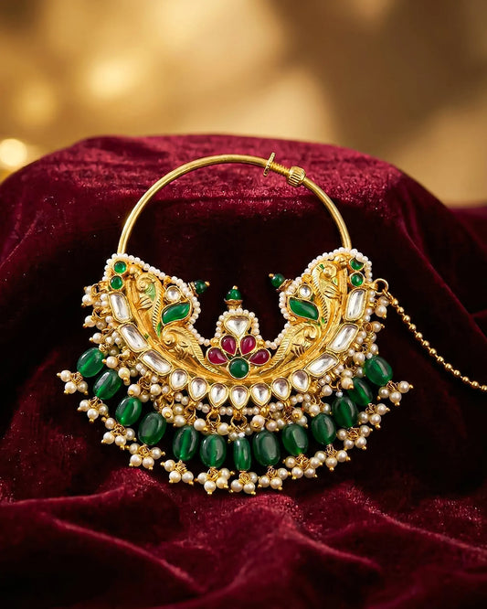 Green Kundan Bridal Nath with Pearl Drops, Gold Plated Indian Wedding Nose Ring
