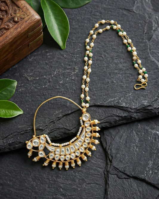Kundan Pearl Bridal Nath – Gold Plated Crescent Nose Ring with Double Beaded Chain