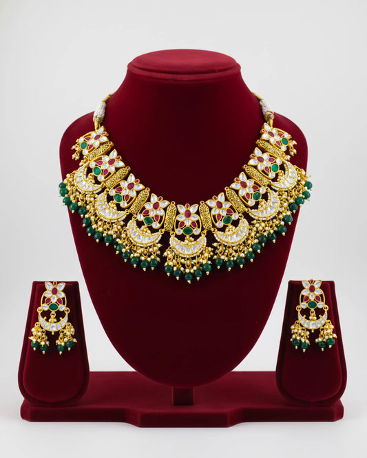Indian Kundan Pearl Necklace Earrings Set, Green Gold Bridal Jewelry