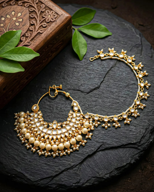 Kundan Pearl Bridal Nath, 18k Gold Plated Wedding Nose Ring with Chain