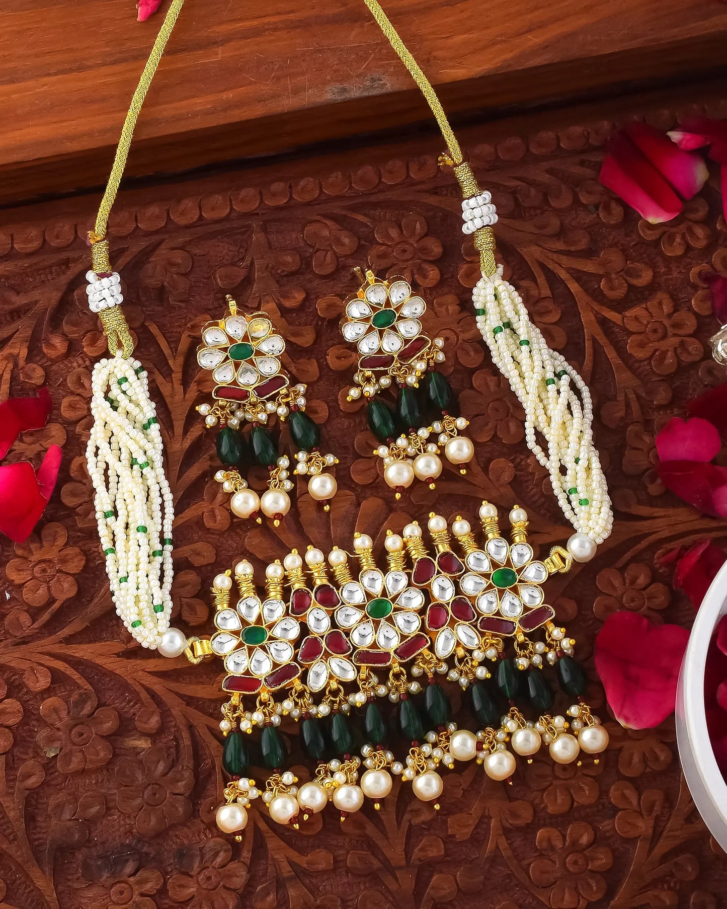 Floral Kundan Choker Necklace Set, Green Pearl Drop Earrings, Indian Jewelry