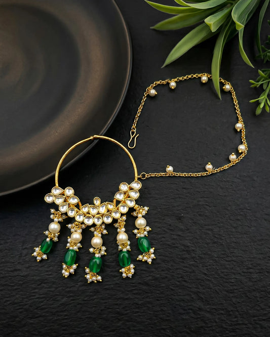 Kundan Bridal Nath – Gold Plated Wedding Nose Ring with Pearl, Green Bead Drops