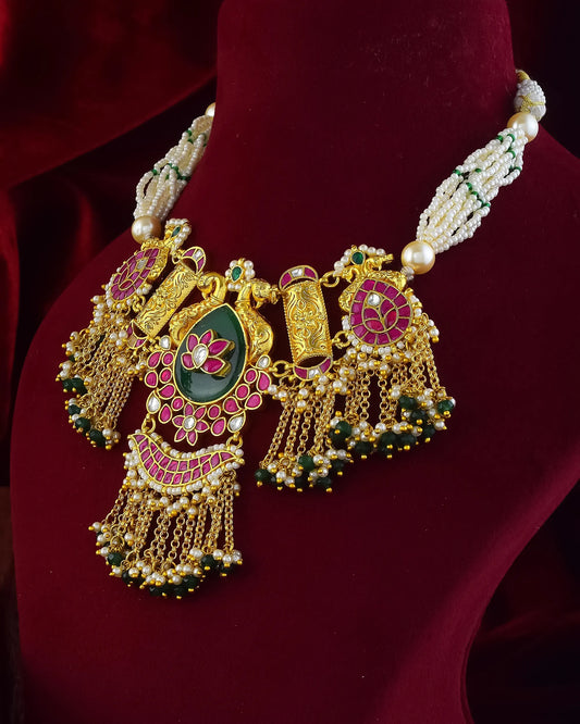 Floral Kundan Choker Set with Green and Pink Stones & Pearl Drops Jewelry