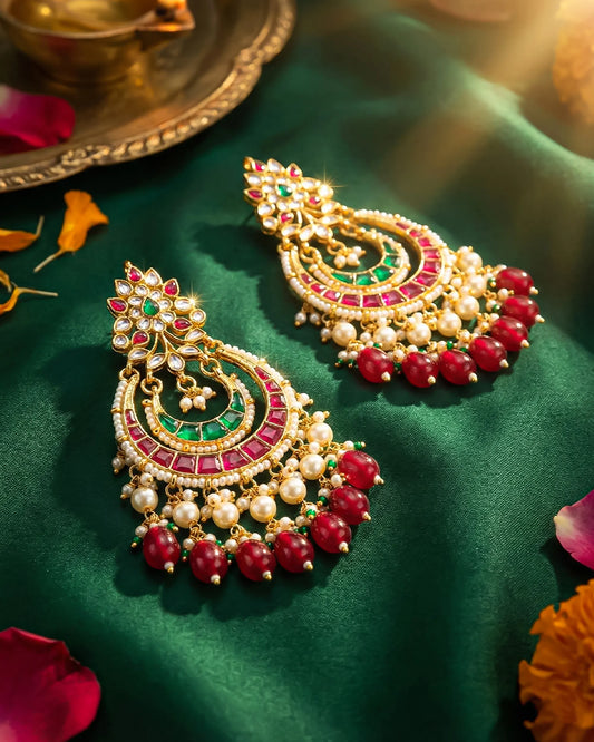 Handmade Gold Plated Chandbali Earrings, Mother of Pearl Jadau Style Jewelry