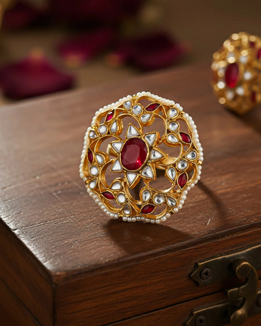Gold-Plated Kundan Ring, Red Floral Statement Ring, Ethnic Wedding Jewelry