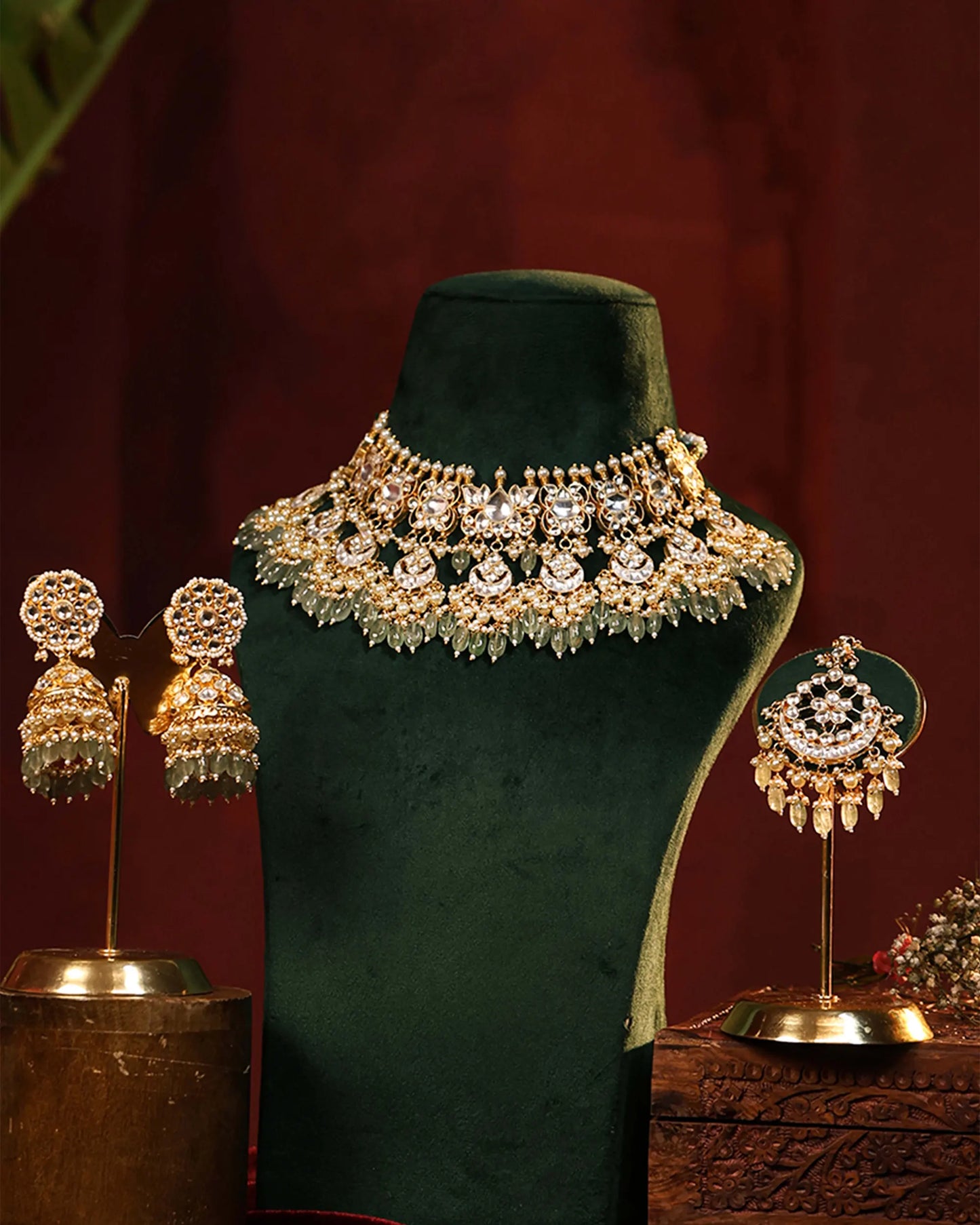 Gold Plated Kundan Bridal Choker Set with Pearl Drop Earrings and Maang Tikka Jewelry