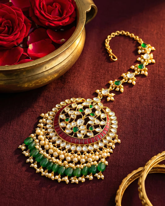 Kundan Maang Tikka, Pearl Jadau Bridal Jewelry with Green Beads