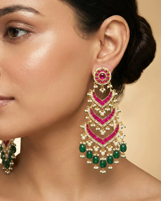 18K Gold Plated Jadau Earring, Semi Precious Stones Pearl, Indian Bridal Jewelry