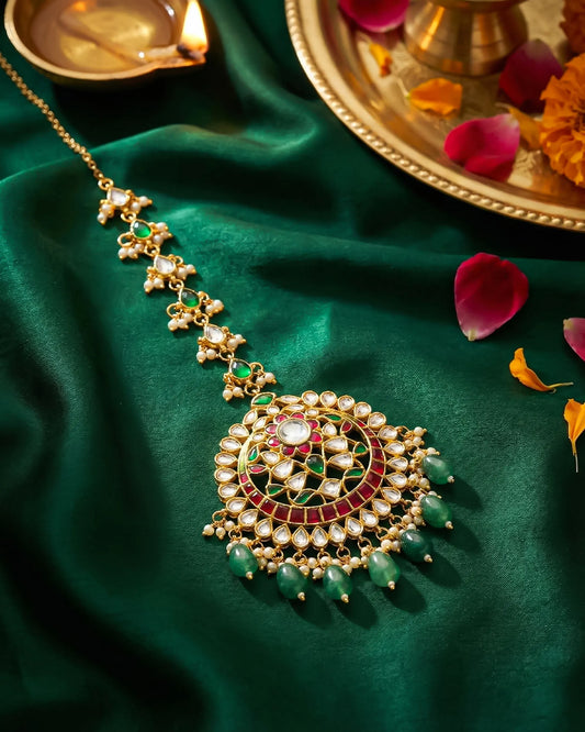 Kundan Maang Tikka, Jadau Floral Forehead Jewelry with Pearl & Green Drops